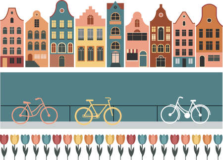 Netherlands Houses, Amsterdam traditional colorful homes, architecture illustrationsのイラスト素材