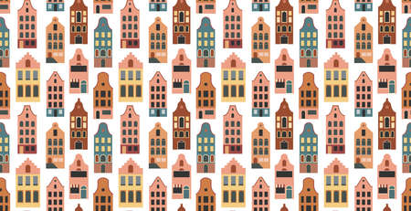 Netherlands Houses, Amsterdam traditional colorful homes, architecture illustrationsのイラスト素材