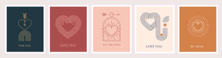 Minimalist Bohemian Valentines day greeting cards, wall art prints. Heart, lips, sun and rainbow,...