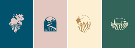 Wine, vineyard, organic natural winery logo collection. Vineyard field and grapes symbols and iconsのイラスト素材