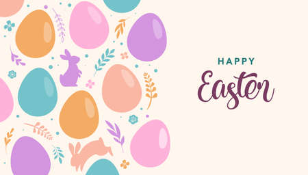 Happy Easter banner, poster, greeting card. Trendy Easter design with typography, bunnies, flowers,...