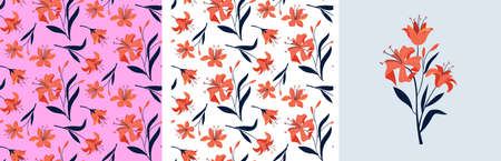 Feminine fashion concept illustration, seamless pattern and flower bouquet of tiger lily flowers. Card, print and poster designs. Flat style vector designのイラスト素材