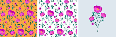 Feminine fashion concept illustration, seamless pattern and flower bouquet of pink peony flowers. Card, print and poster designs. Flat style vector designのイラスト素材