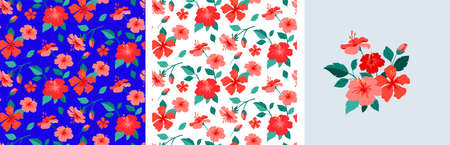 Feminine fashion concept illustration, seamless pattern and flower bouquet of hibiscus flowers. Card, print and poster designs. Flat style vector designのイラスト素材