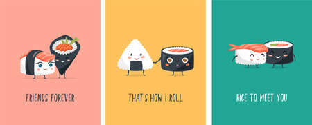 Funny Sushi concept design with sushi characters. Cute vector illustrationsのイラスト素材