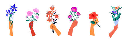 Hand holding flower bouquets. Collection of feminine fashion concept illustrations, botanical drawings. Cards, prints and poster designs. Flat style vector designのイラスト素材