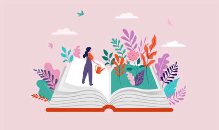 Book festival concept of the woman watering garden and reading an open huge book. Back to school, library concept design. Vector illustration, poster and bannerのイラスト素材