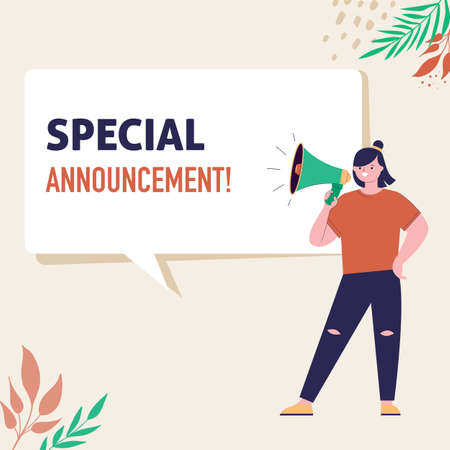 Woman holding megaphone. Speech bubbles with Important Announcement. Loudspeaker. Vector banner for business, marketing and advertisingのイラスト素材