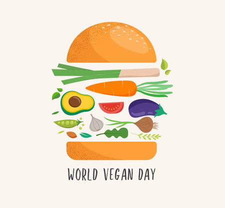 World Vegan Day, Concept Design with vegetable hamburger. For Social Media promotions, sticker, banner, greeting cardsのイラスト素材