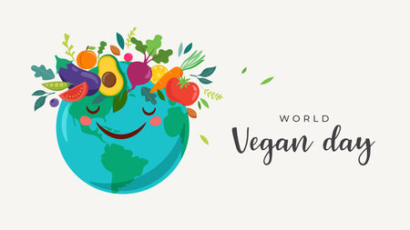 World Vegan Day, Concept Design. World with vegetables crown, fruits, leaves and nuts. For Social Media promotions, sticker, banner, greeting cardsのイラスト素材