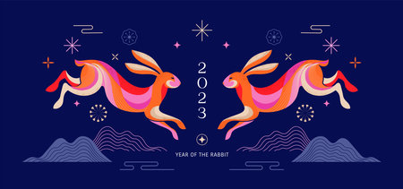 Chinese new year 2023 year of the rabbit - Chinese zodiac symbol, Lunar new year concept, colorful...