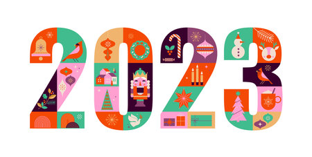Happy New Year 2023 abstract geometrical design, holiday gifts, winter elements, candles, Christmas tree, village and Xmas decorations. Colorful vector illustration in flat geometric cartoon styleのイラスト素材