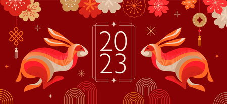 Chinese new year 2023 year of the rabbit - red traditional Chinese designs with rabbits, bunnies. Lunar new year concept, modern design. Translation: Happy Chinese new yearのイラスト素材