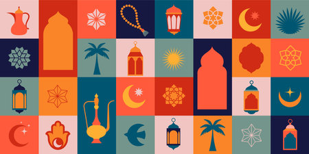 Geometric style colorful Islamic Ramadan Kareem banner, poster design, pattern and geometrical background. Mosque, moon, dome and lanterns. Minimalistic illustrationsのイラスト素材