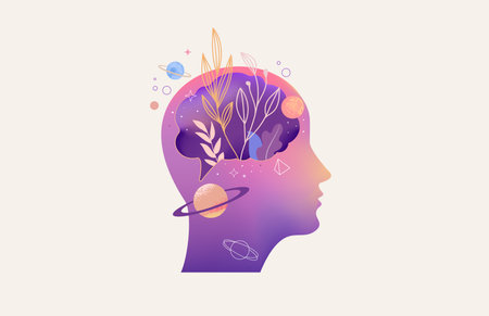 Psychology, Dream, Mental Health concept illustration. Brain, neuroscience and creative mind poster, coverのイラスト素材