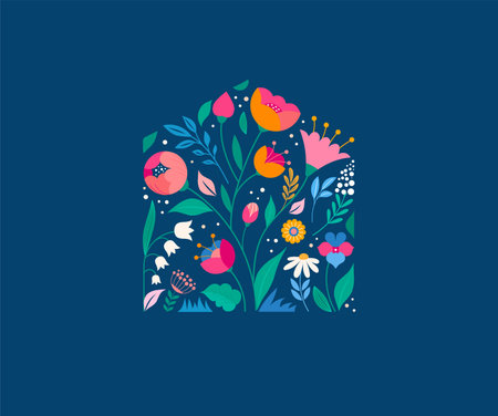 Home illustration with flowers pattern. Home sweet home, family sign, wall print or cardのイラスト素材