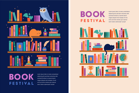 Bookshelf concept illustration. A lot of books on the shelf, clock, cat, plant and globeのイラスト素材
