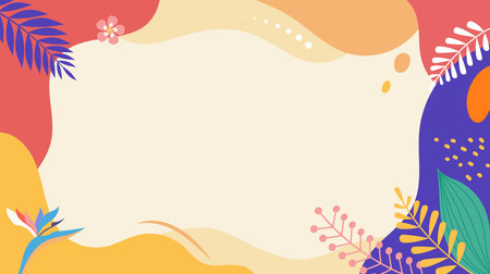 Colorful summer background - horizontal layout banner design. Tropical leaves template for poster, flyer or greeting card.のイラスト素材