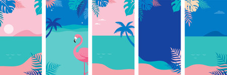 Vertical social media summer stories design templates with copy space for text. Tropical landscape...