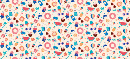 Summertime background with colorful vacation icons and graphic elements. Summer beach seamless...