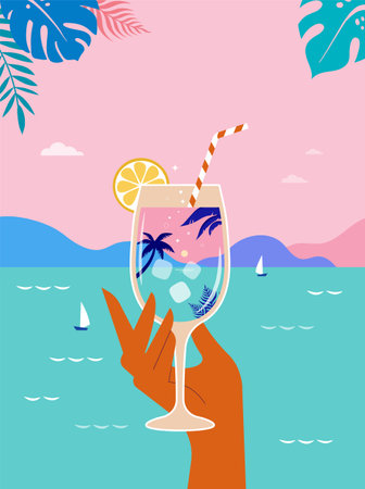 Modern flat summer beach party flyer design templates. Hand holding cocktail glass on tropical seascape background. Celebration poster concept and web banner.のイラスト素材