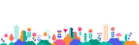 Colorful summer border in simple flat style with copy space for text - background with trees, plants and flowers - backdrop for greeting cards, posters, banners and flyersのイラスト素材
