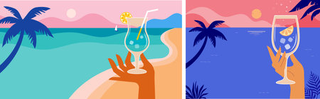 Summer beach party modern flat flyer design templates. Hands holding cocktail and wine glasses on sea landscape background. Celebration poster concept and web banner.のイラスト素材