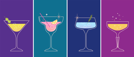 Modern flat summer cocktails collection. Colorful background with cocktail glasses. Celebration poster concept and web banner.のイラスト素材