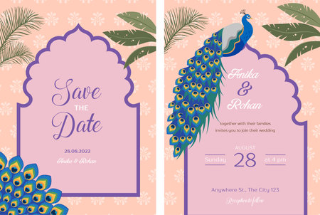 Indian Wedding Invitation and Save the date templates set. Exotic wedding theme with palms and peacockのイラスト素材