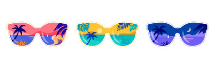 Summer fun concept design. Creative background of landscape, panorama of sea and summer beach on sunglasses. Summer sale, post template with jungle leaves frameのイラスト素材