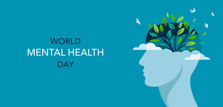 World Mental Health day, concept design with abstract human head profile, flowers and birdsの写真素材