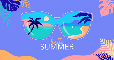 Summer fun concept design. Creative background of landscape, panorama of sea and summer beach on sunglasses. Summer sale, post template with jungle leaves frameのイラスト素材