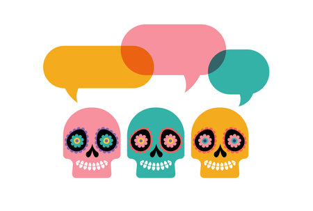 Colorful skulls with speech bubbles, Mexican sugar skulls for Day of the dead, dia de los muertos. Vector illustrationのイラスト素材
