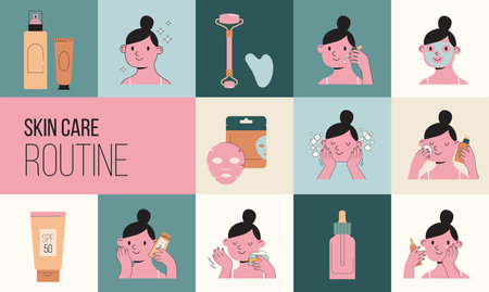 Skincare routine illustrations with cute girls. Cream, lotion, mask, eye cream and sunscreen bottlesのイラスト素材