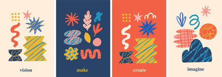 Hand drawn naive, bizarre abstract geometric poster, flyer and banner. Modern contemporary figures, various organic shapes and doodle objects, vector graphic elementsのイラスト素材