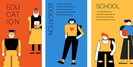 Collection of Education, Students, Teenagers geometric characters, illustrations. Education, learning, online school concept designのイラスト素材