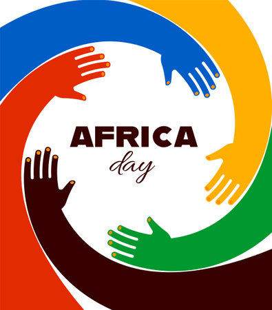 Colorful poster with circle of hands. Africa day, together, community concept design. Modern minimalist style illustrationのイラスト素材