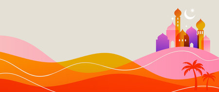 Eid Al Adha design. Celebration of Muslim holiday the sacrifice. Colorful background with Islamic Mosque and animals, camel, sheep and goatのイラスト素材