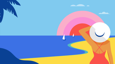 Summer and Travel concept design. Woman with cocktail, standing and looking on the landscape. Beautiful nature palm leaf on tropical beach with sun light abstract background with copy space. Vector illustrationのイラスト素材