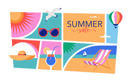 Colorful Geometric Summer and Travel Background, poster, banner. Summer time fun concept design promotion design and illustrationのイラスト素材