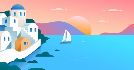 Summer and Travel concept design. Greece island landscape, panoramic view. Beautiful nature with beach and sun light, abstract background with copy space. Vector illustrationのイラスト素材
