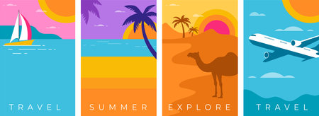 Colorful Geometric Summer and Travel Background, poster, banner. Summer time fun concept design promotion design and illustrationのイラスト素材