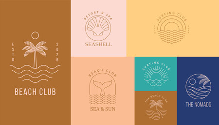 Bohemian linear logos, icons and symbols, sea, ocean, beach and surfing. Sun, seashell and palm design templates, geometric abstract design elements for decorationのイラスト素材