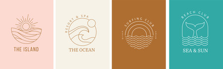Bohemian linear logos, icons and symbols, sea, ocean, beach and surfing. Sun, seashell and palm design templates, geometric abstract design elements for decorationのイラスト素材