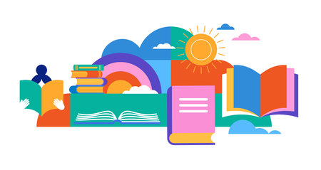 Book festival, books sale, back to school concept design. Colorful vector design and illustrationsのイラスト素材