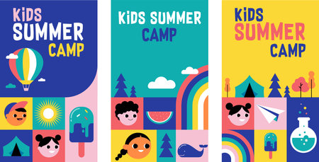 Kids Summer Camp concept design. Geometrical style colorful illustrations, icons. Banner, flyer, poster and social media templateのイラスト素材
