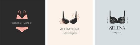 Elegant, luxury lingerie and underwear logos collection. Hand drawn minimalist illustrations, boho style logosのイラスト素材