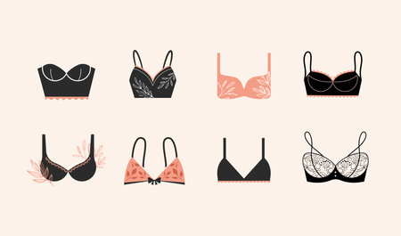 Elegant, luxury lingerie and underwear logos collection. Hand drawn minimalist illustrations, boho style logosのイラスト素材
