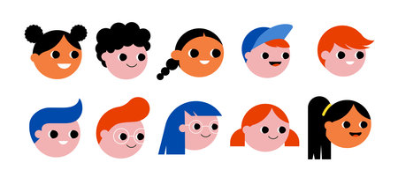Kids face icons, collection of children avatars, illustrations. Flat geometrical style illustrationのイラスト素材