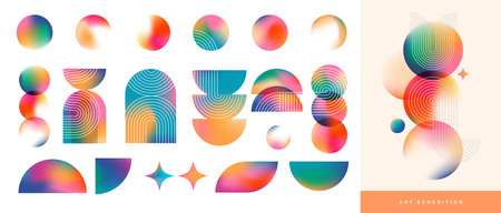 Abstract Vibrant Geometric shapes collection, colorful backgrounds design. Bold modern design, printable posters, banners, template concept designのイラスト素材
